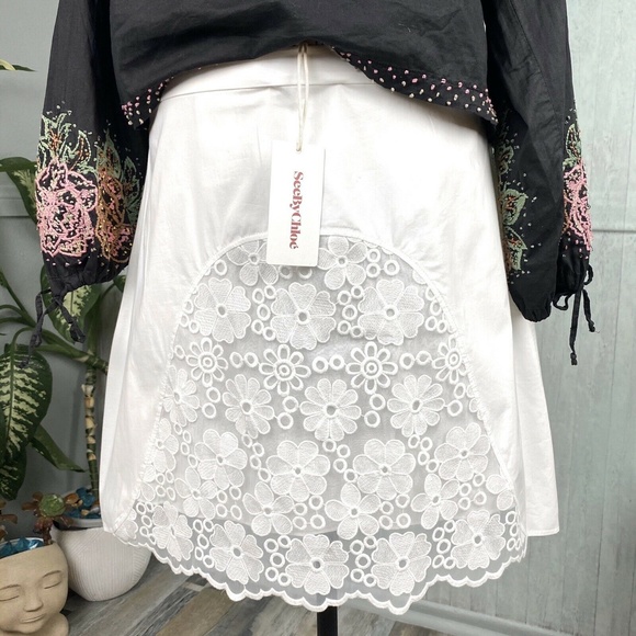 See By Chloe Embroidered Voile Lace White Mini Skirt Eyelet Sz. 10 46 NEW white - Picture 8 of 15